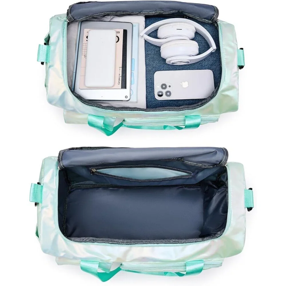 Women Green Shinny Small Gym Carry On Weekender Travel Shoe Compartment Bag - Picture 5 of 6